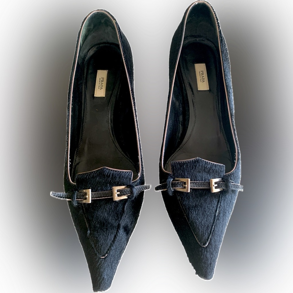 Prada shoes, silver decorative heels, pointed toes